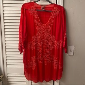 Johnny Was Red Eyelet Appliqué Long Tunic, Size L
